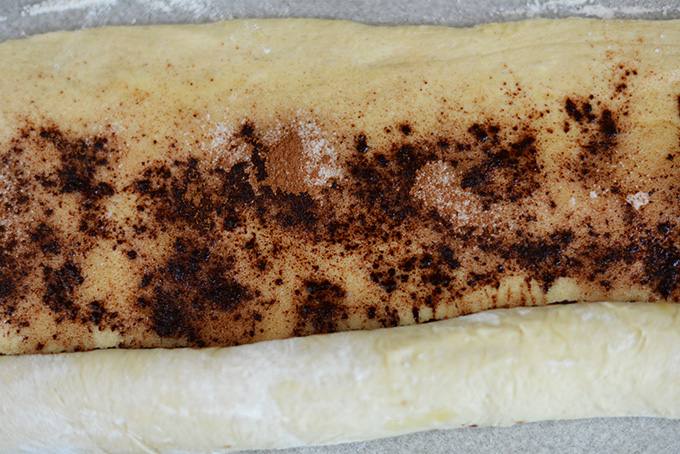 Rolling up cinnamon roll dough over the filling ingredients