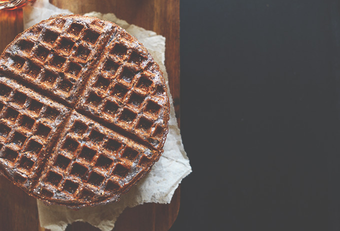 Cutting board with a homemade Blue Cornmeal Waffle