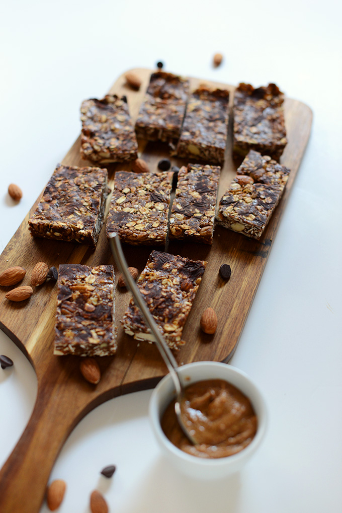 Batch of our Chocolate Chip Almond Butter Granola Bars recipe on a cutting board