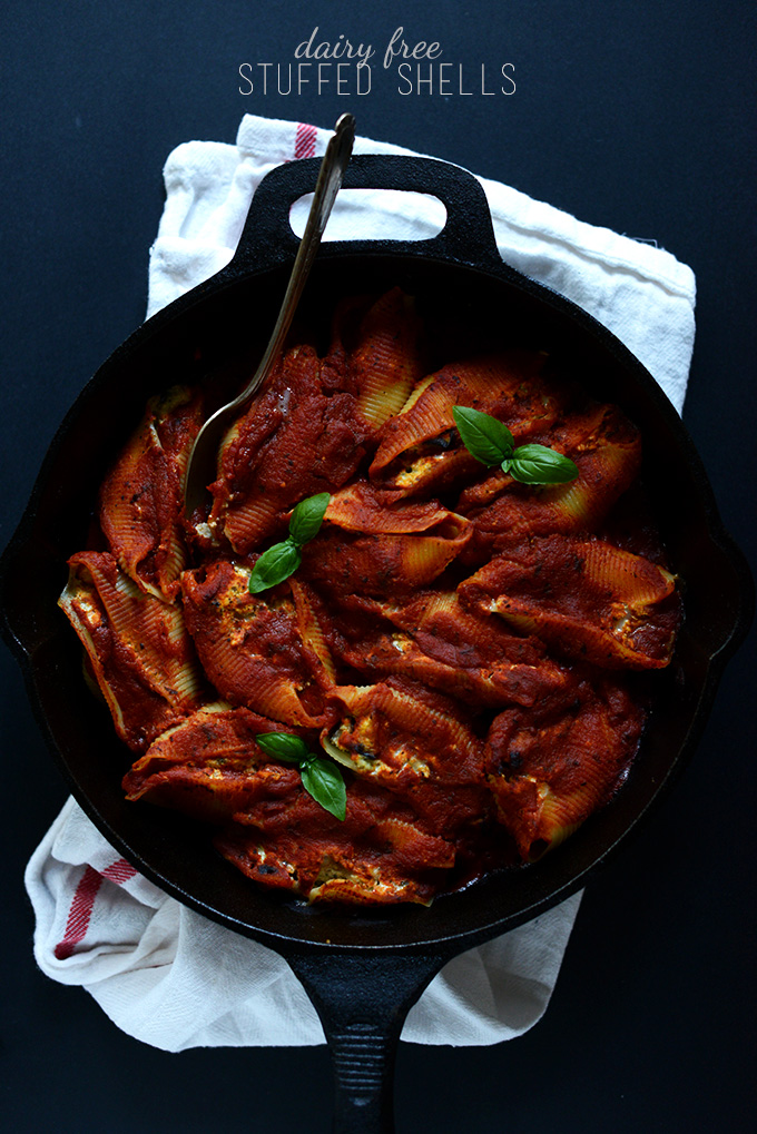 Cast-iron skillet filled with dairy-free stuffed shells