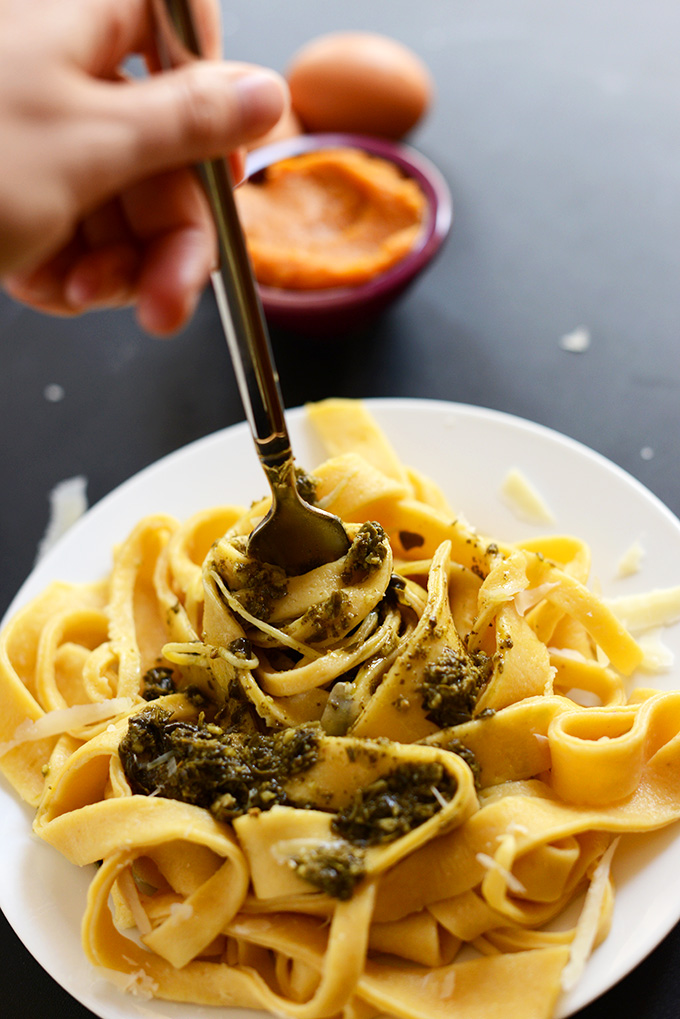 Twirling a bite of Fresh Pumpkin Pasta on a fork