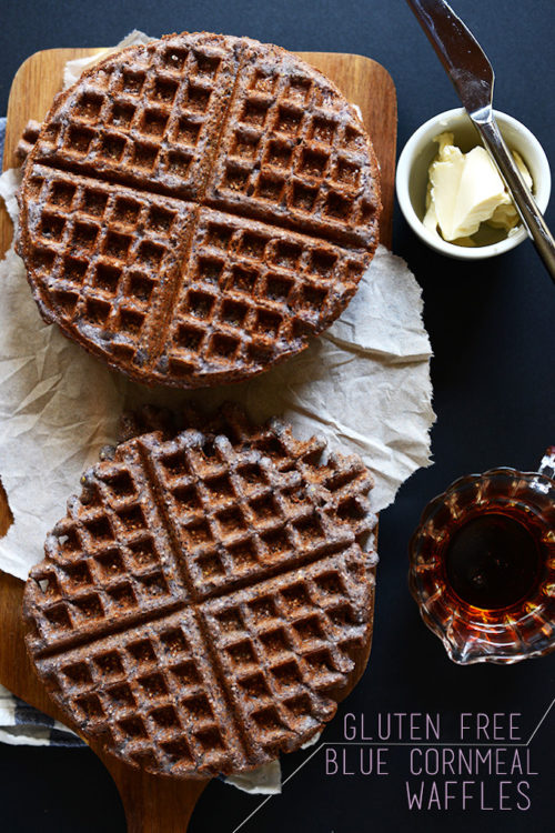 Blue Cornmeal Waffles and toppings