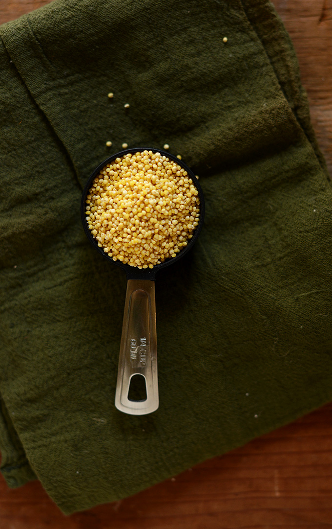 Measuring cup of millet for making our homemade whole grain bread recipe