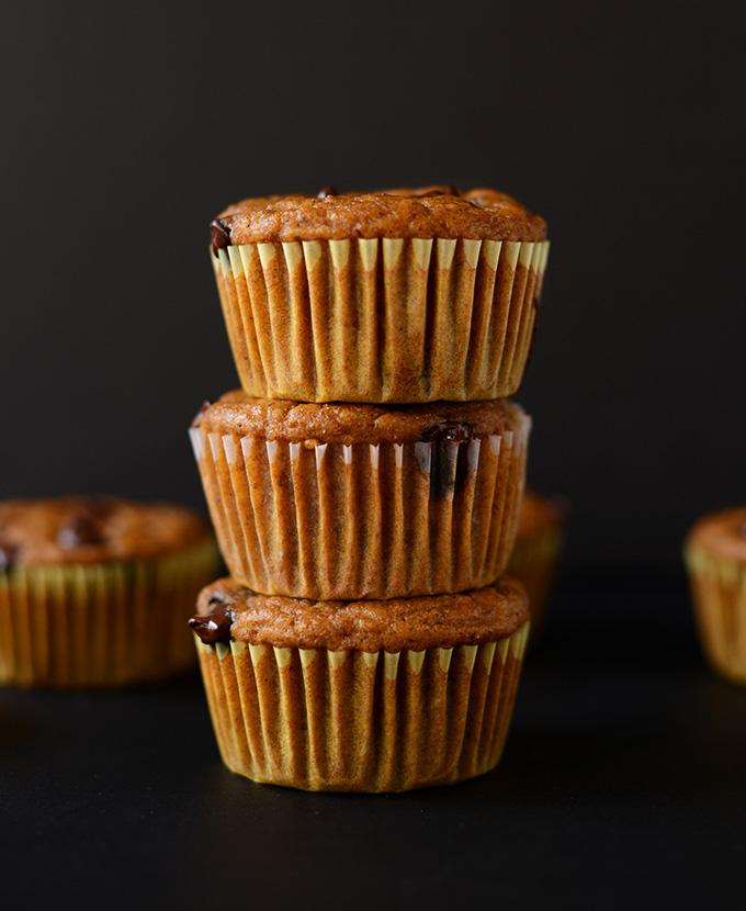 Stack of three vegan Pumpkin Chocolate Chip Muffins