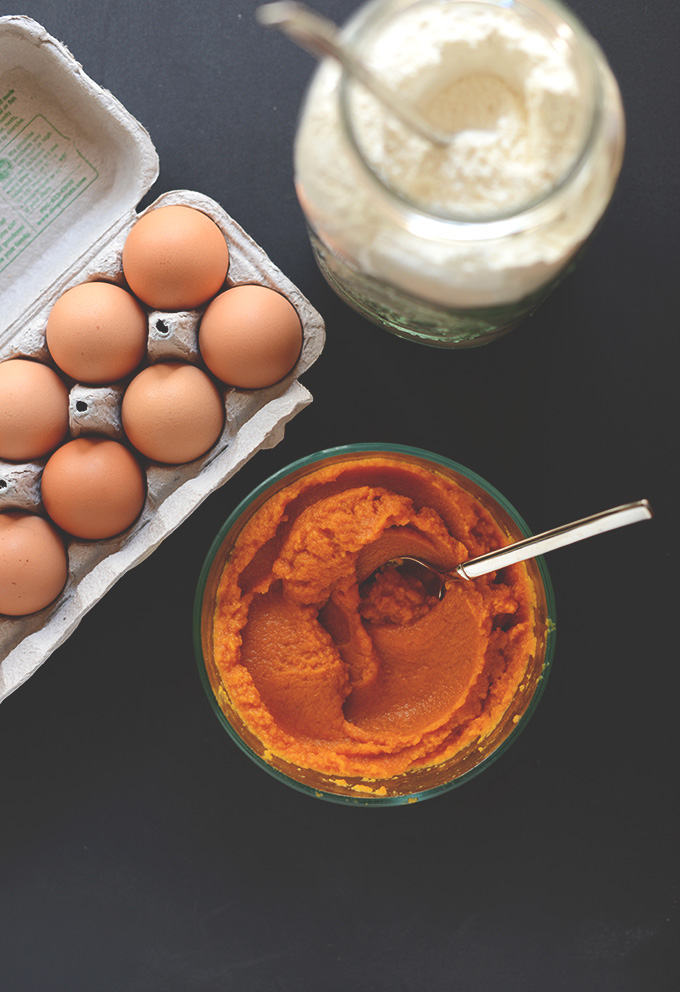Eggs, pumpkin puree, and flour for making Pumpkin Pasta