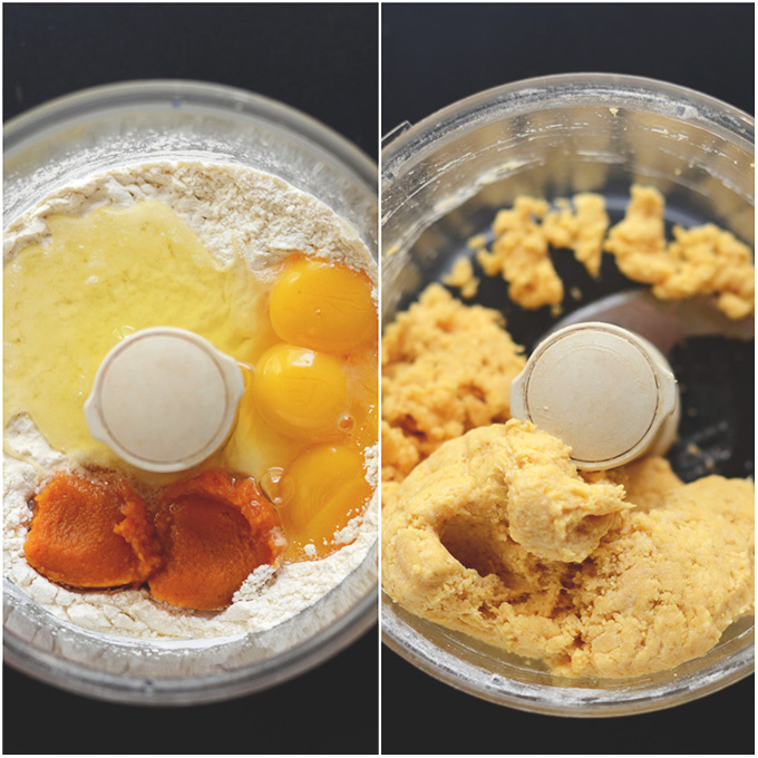 Food processor with ingredients for making homemade Pumpkin Pasta