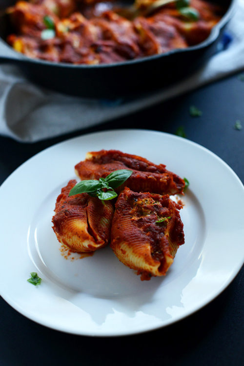 Plate of Eggplant Tofu Stuffed Shells for a simple vegan pasta dish