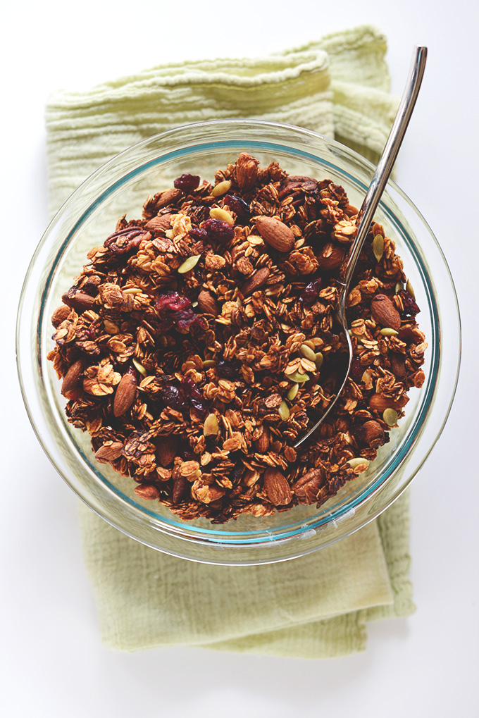 Bowl of Sweet Potato Granola for a delicious vegan snack