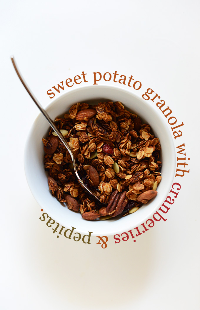 Bowl of Sweet Potato Granola made with cranberries and pepitas