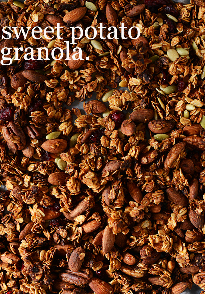 Pan of Sweet Potato Granola made with almonds and pepitas