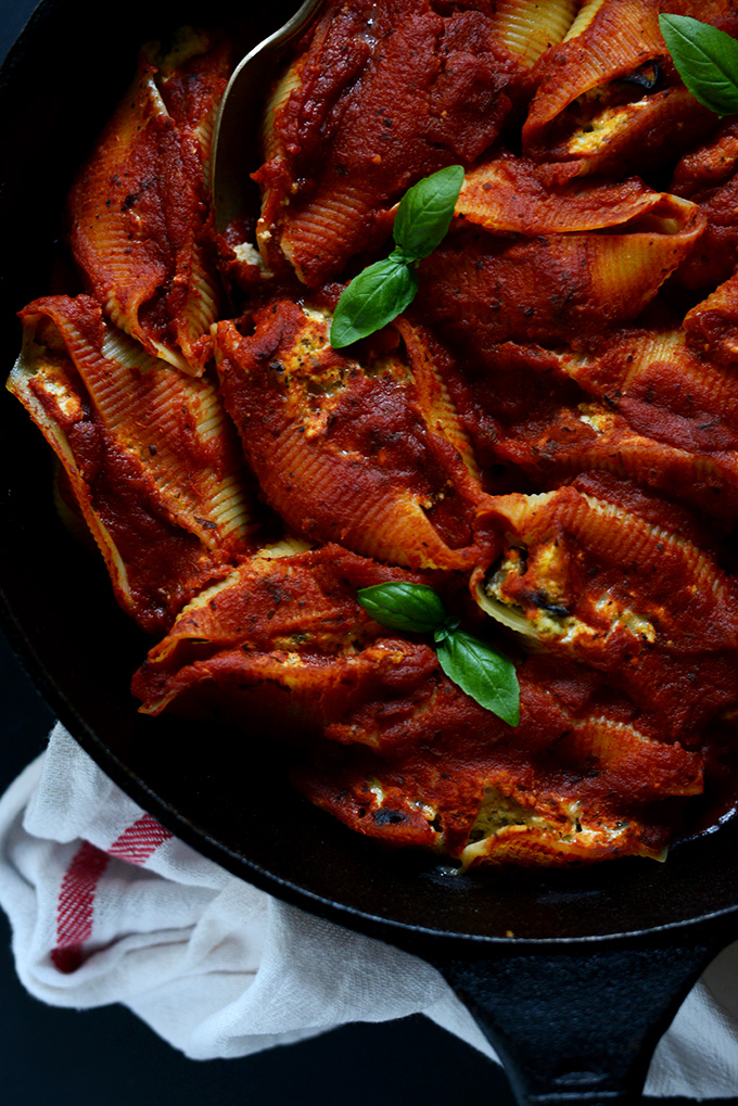 Top down shot of a pan of vegan pasta stuffed shells