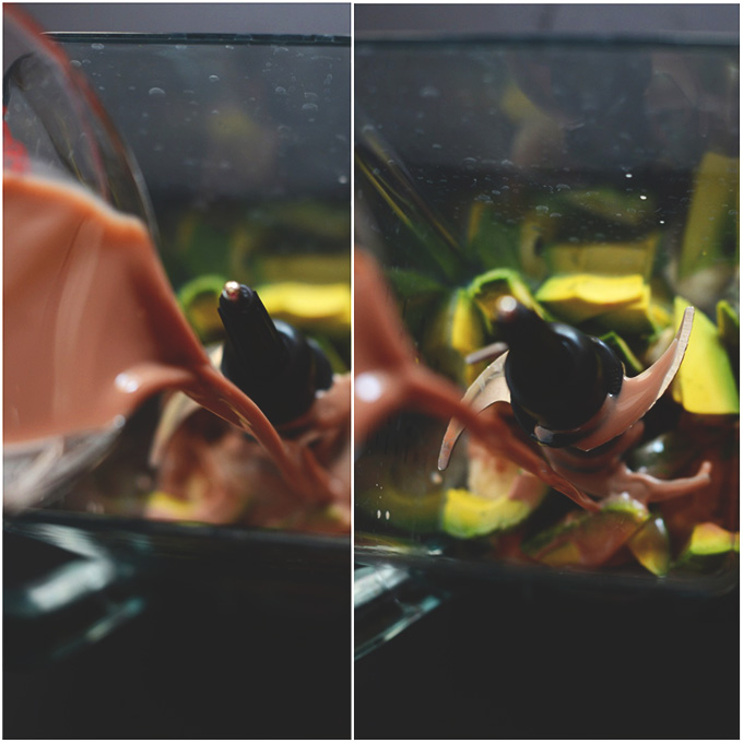 Pouring chocolate almond milk into a blender to make our Triple Chocolate Avocado Shake recipe