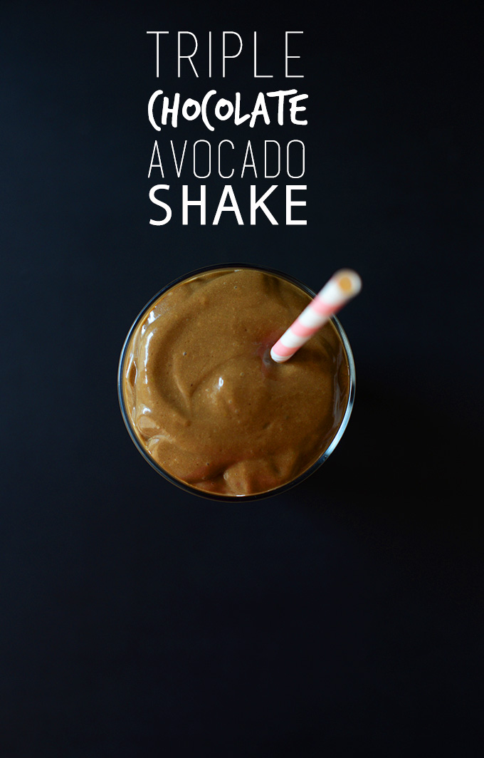 Glass of our Triple Chocolate Avocado Shake recipe with a straw