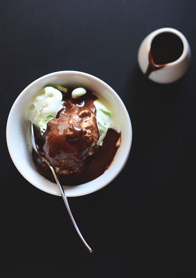 Bowl of Vegan Hot Fudge over mint chip ice cream