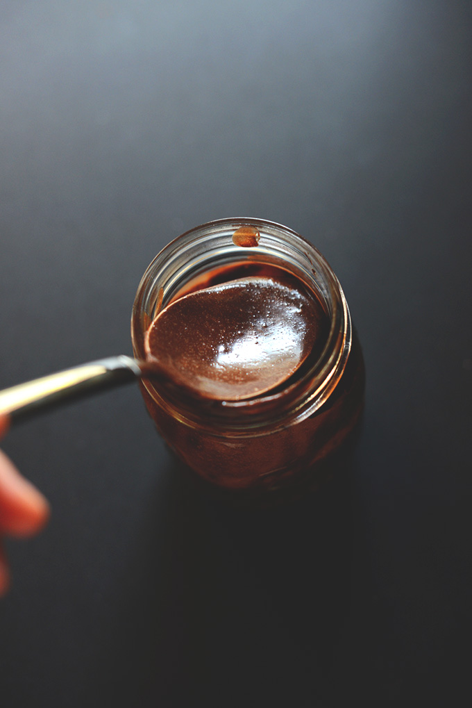 Jar of our homemade Vegan Kahlua Hot Fudge recipe