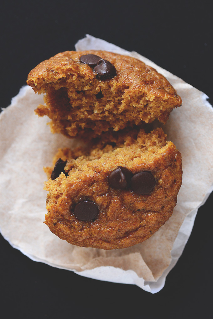 Paper towel with a Vegan Pumpkin Chocolate Muffin broken into two pieces