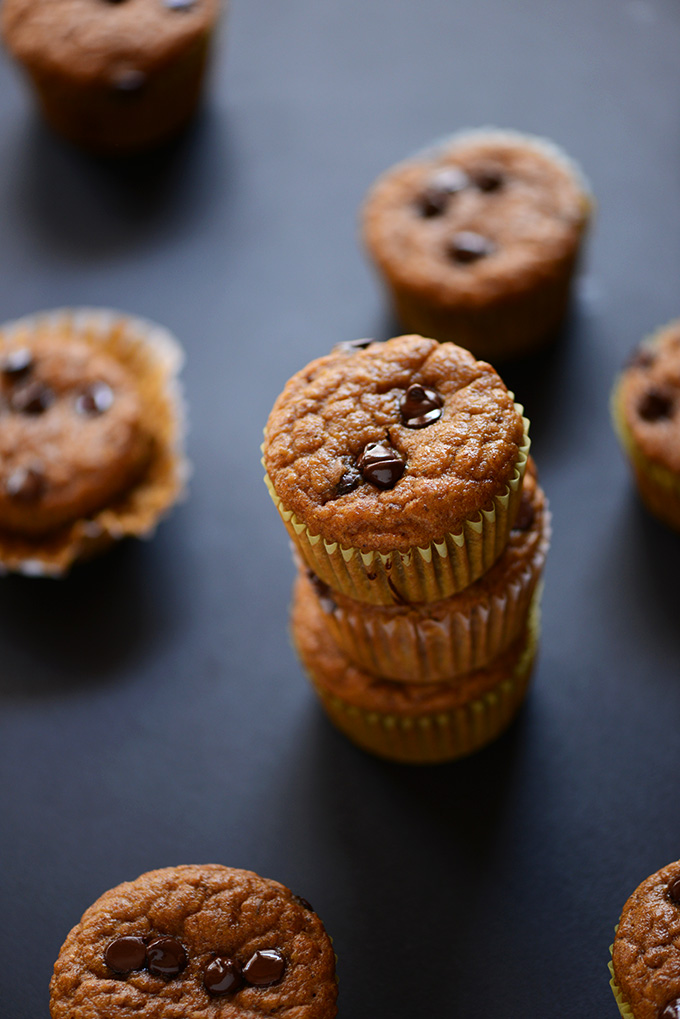 Stack of Vegan Pumpkin Muffins made with chocolate chips