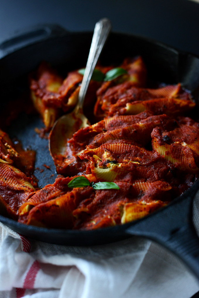 Skillet of Vegan Stuffed Shells with Eggplant