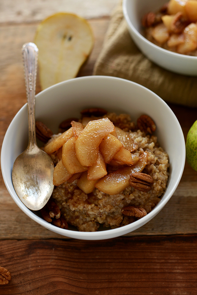 Big bowl of our Brown Sugar Pear Steel-Cut Oats recipe