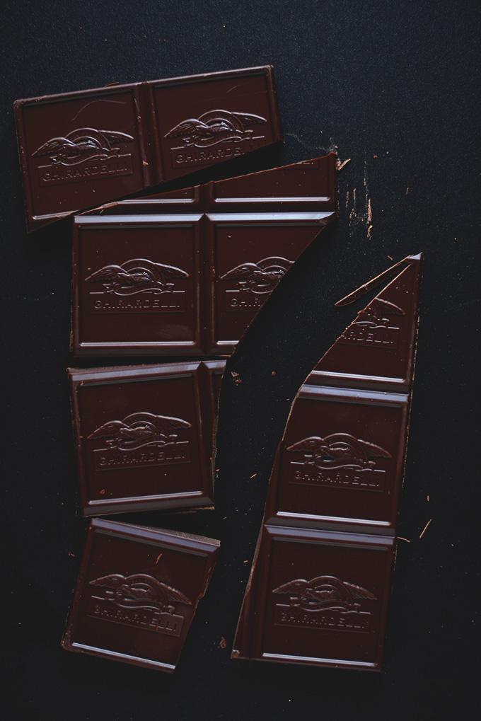 Broken apart dark chocolate bar for making Dark Chocolate Almond Butter Sandwiches