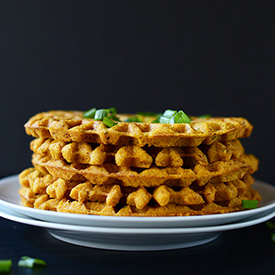 Side view of a stack of Pumpkin Cornbread Waffles