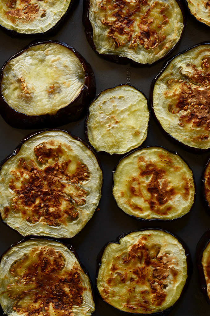 Freshly roasted eggplant slices for making Roasted Eggplant Dip