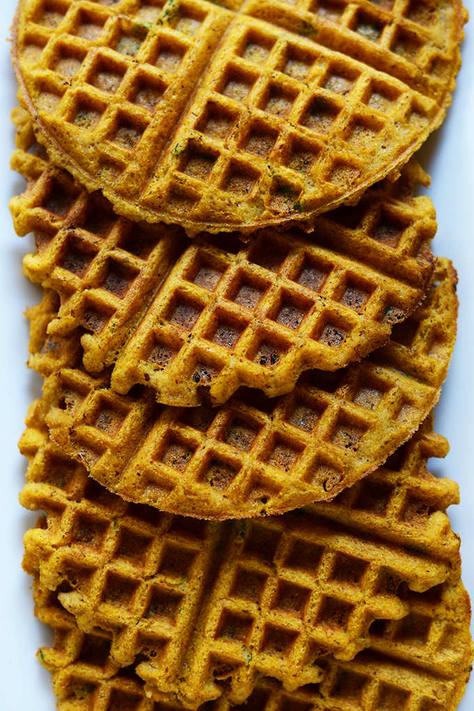 Plate of Savory Pumpkin Cornbread Waffles for a delicious vegan breakfast
