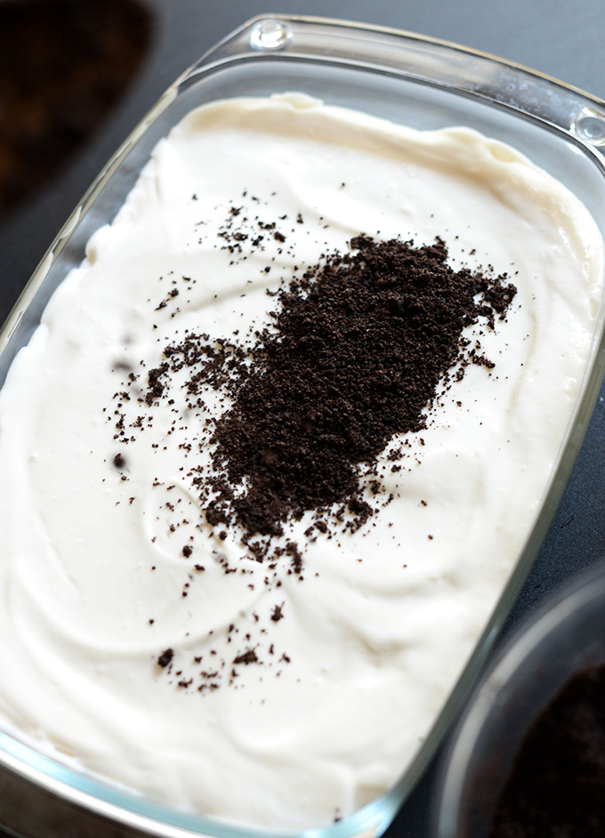 Pan filled with a batch of our Vegan Kansas Dirt Cake Recipe