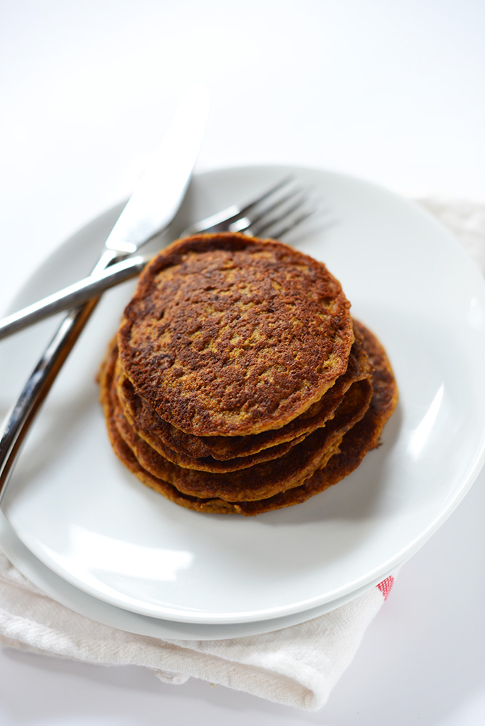 Tall stack of Vegan Pumpkin Spice Pancakes for a delicious breakfast