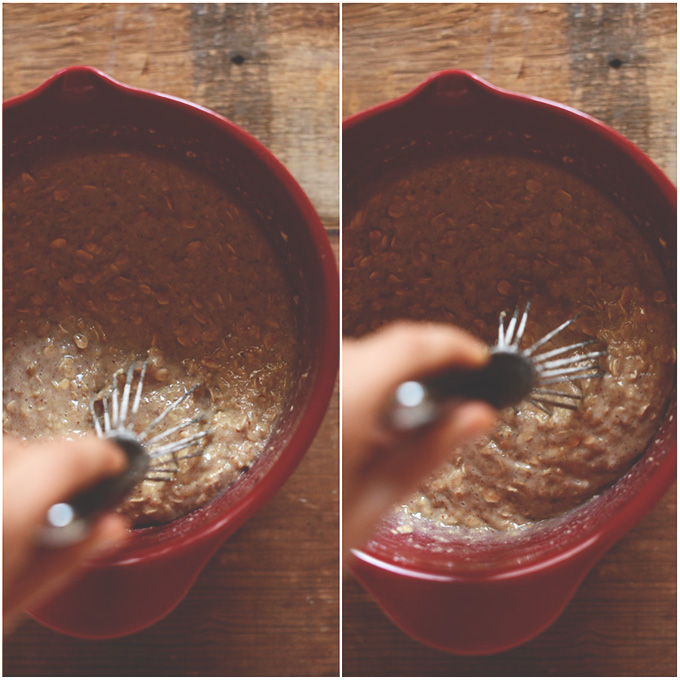 Using a whisk to mix homemade Butternut Squash Banana Bread Batter