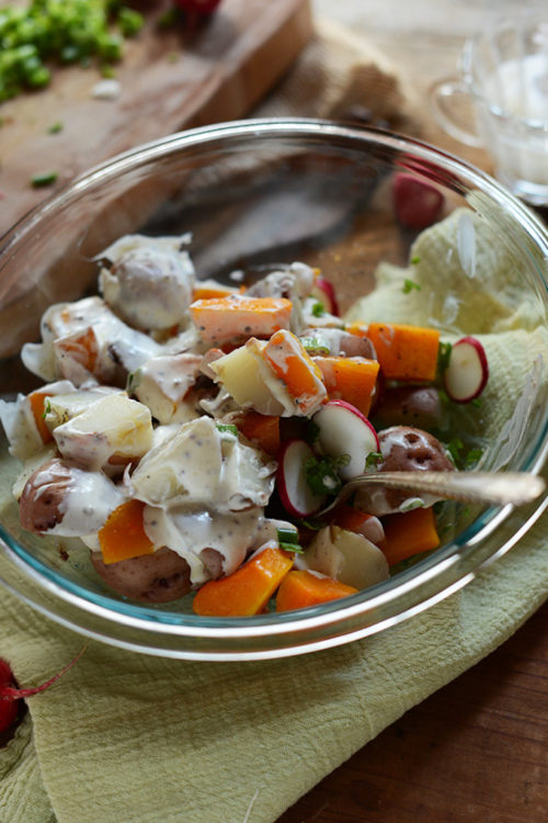 Big bowl of healthy Butternut Squash Potato Salad made with greek yogurt