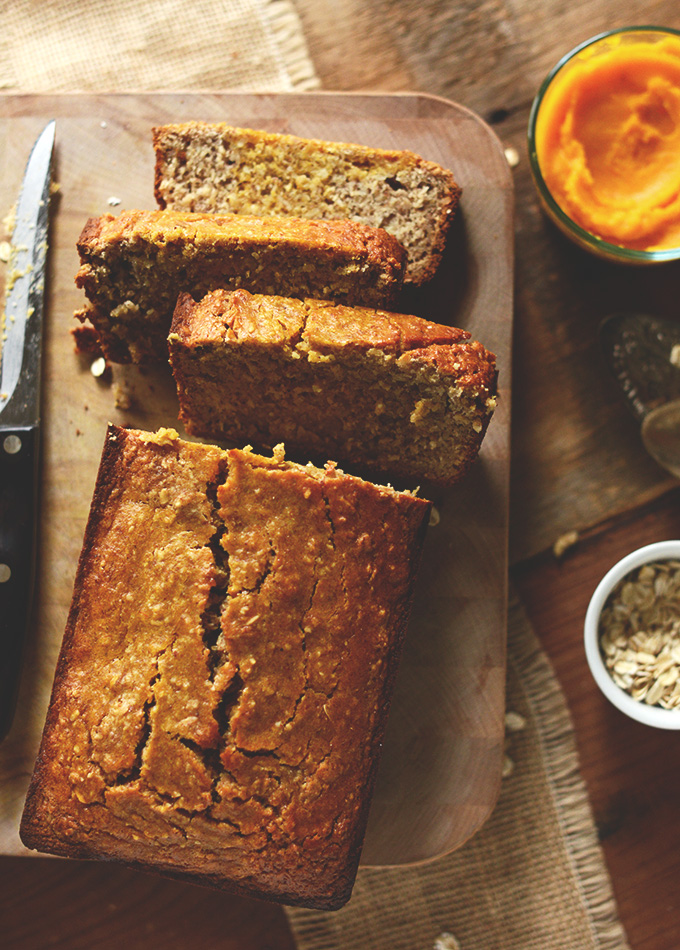 Partially sliced loaf of Gluten-Free Butternut Squash Bread