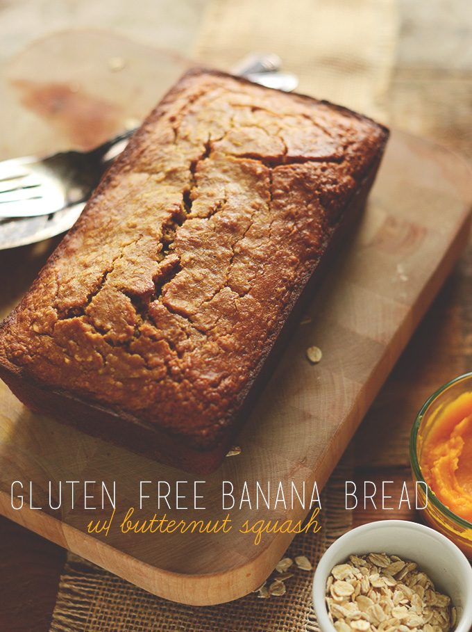 Loaf of Gluten-Free Banana Bread alongside bowls of butternut squash and oats
