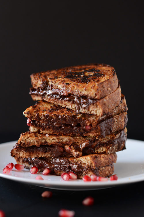 Stack of Grilled Pomegranate, Almond Butter, and Dark Chocolate Sandwiches for a delicious dairy-free snack