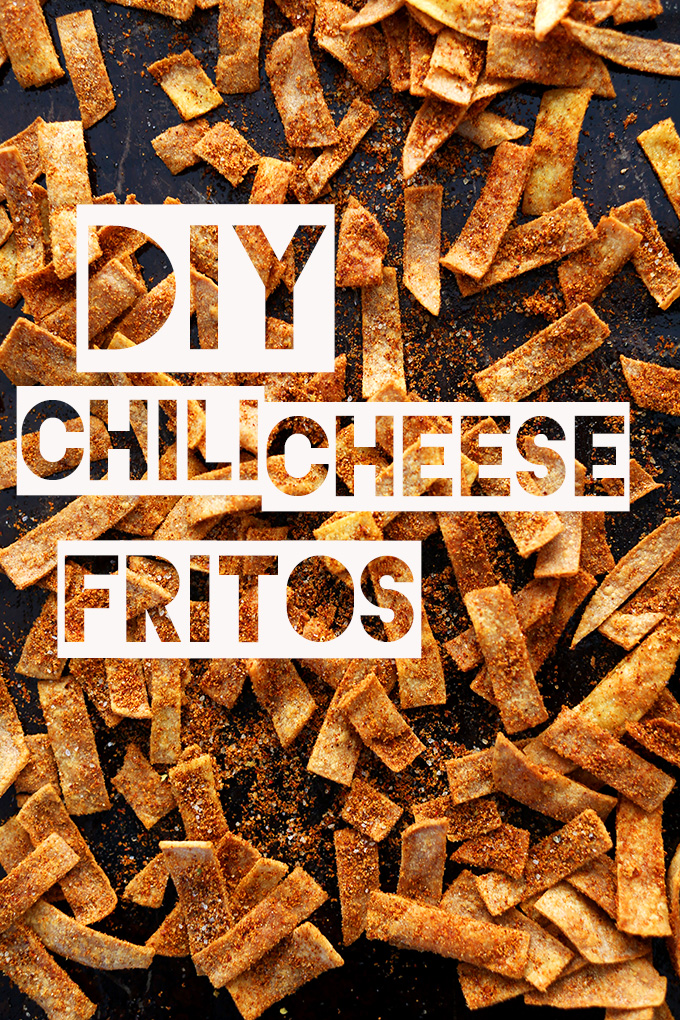 Baking sheet filled with homemade Chili Cheese Fritos