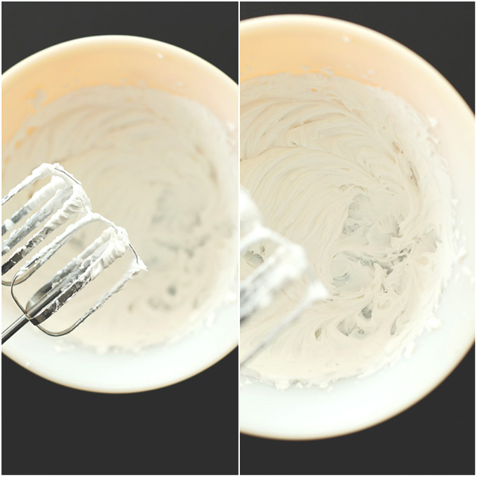 Using a hand mixer to whip up a batch of Coconut Whipped Cream Frosting