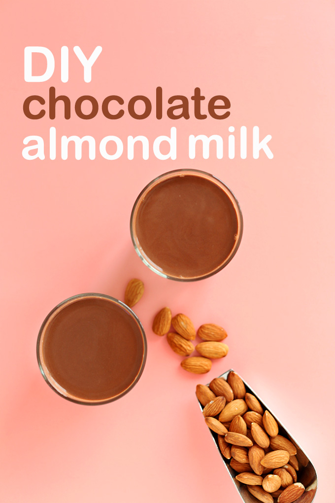 Scoop of almonds and two glasses of simple DIY Chocolate Almond Milk