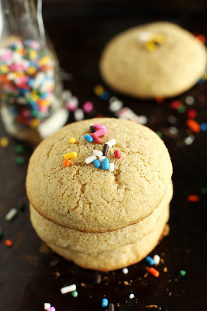 Stack of Easy Gluten-Free Sugar Cookies topped with rainbow sprinkles