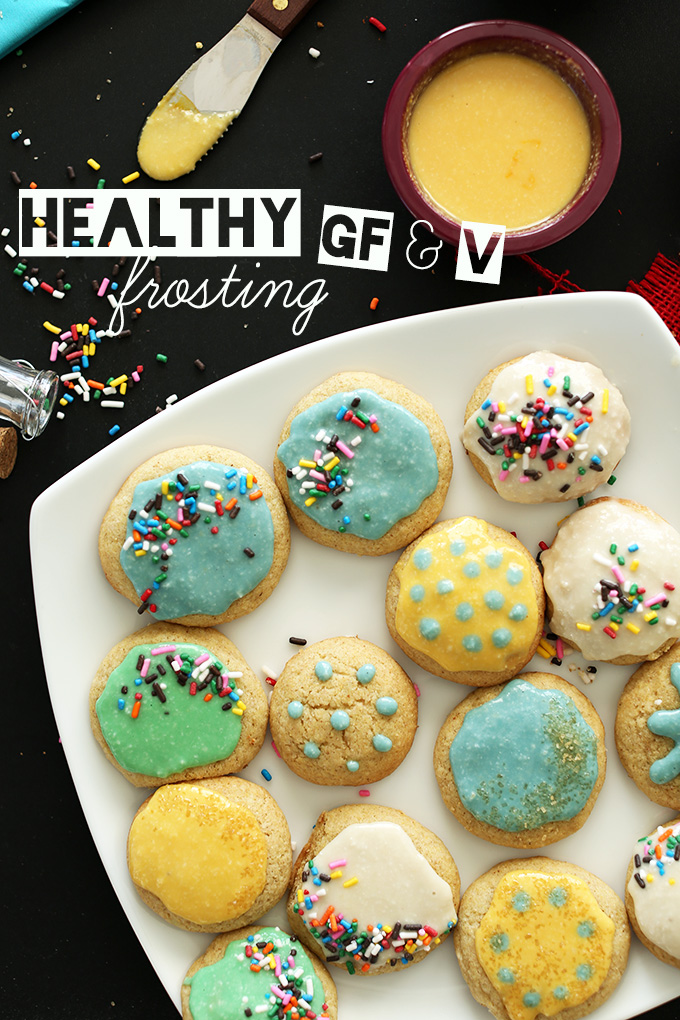 Plate of cookies decorated with our homemade Gluten-Free Vegan Frosting recipe