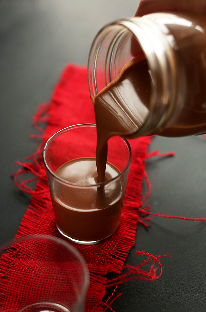 Pouring a glass of Rich Vegan Drinking Chocolate