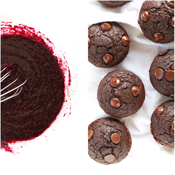 Batter and completed product of our Roasted Beet Double Chocolate Muffins