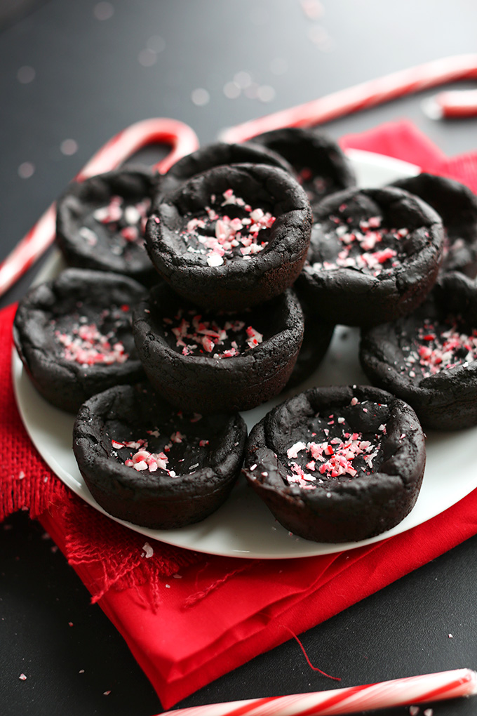 Plate with Vegan GF Peppermint Brownies topped with crushed candy cane