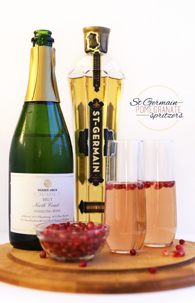 Champagne, St. Germain, pomegranate seeds, and spritzers made from these ingredients