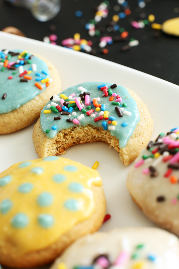 Sugar cookies topped with super simple homemade vegan frosting