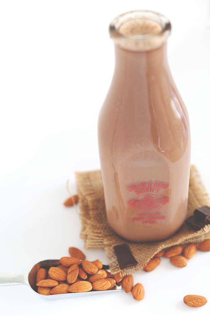 Milk jug filled with Super Thick Chocolate Almond Milk
