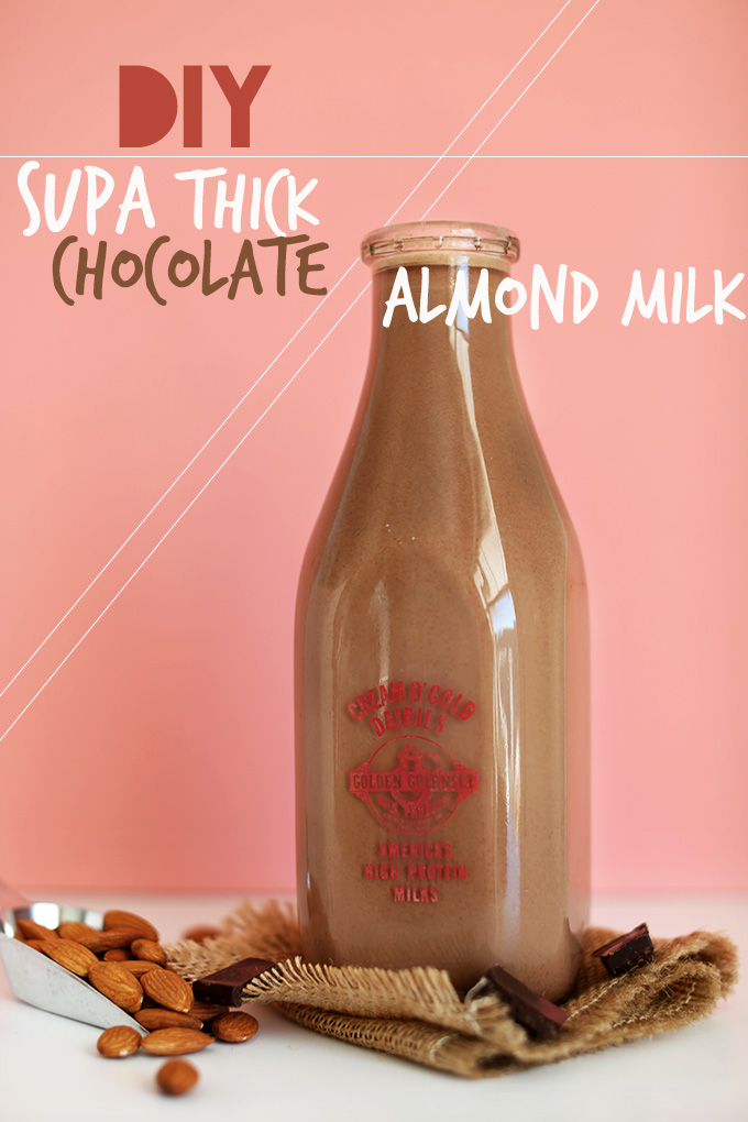 Milk jug filled with DIY Chocolate Almond Milk