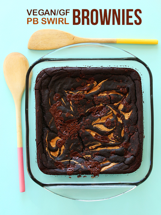 Batch of our Vegan GF Peanut Butter Swirl Brownies in a glass baking dish