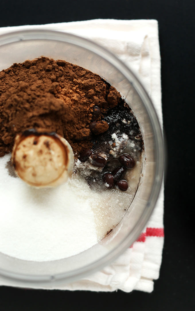 Food processor filled with ingredients for making our Vegan Black Bean Peppermint Brownies