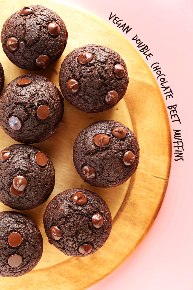 Cutting board filled with a batch of Vegan Double Chocolate Beet Muffins
