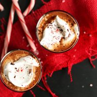 Top down shot of two glasses of Vegan Peppermint Drinking Chocolate